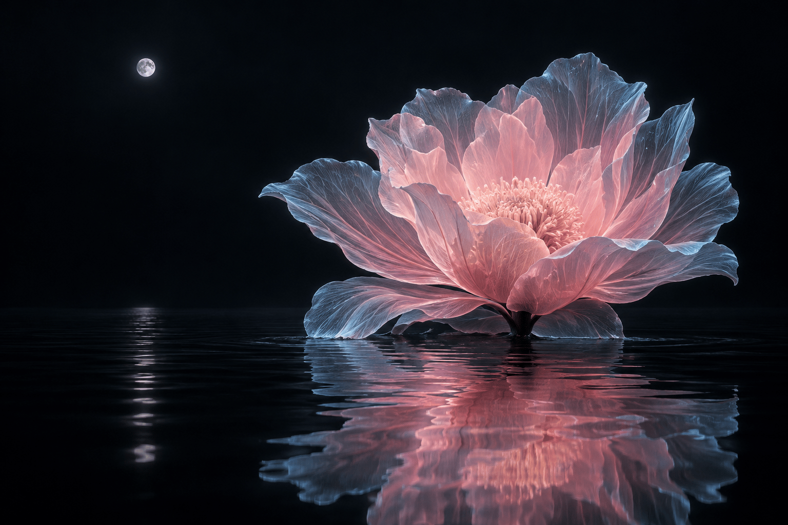 Concept artwork of an illuminated pink flower reflected in dark water