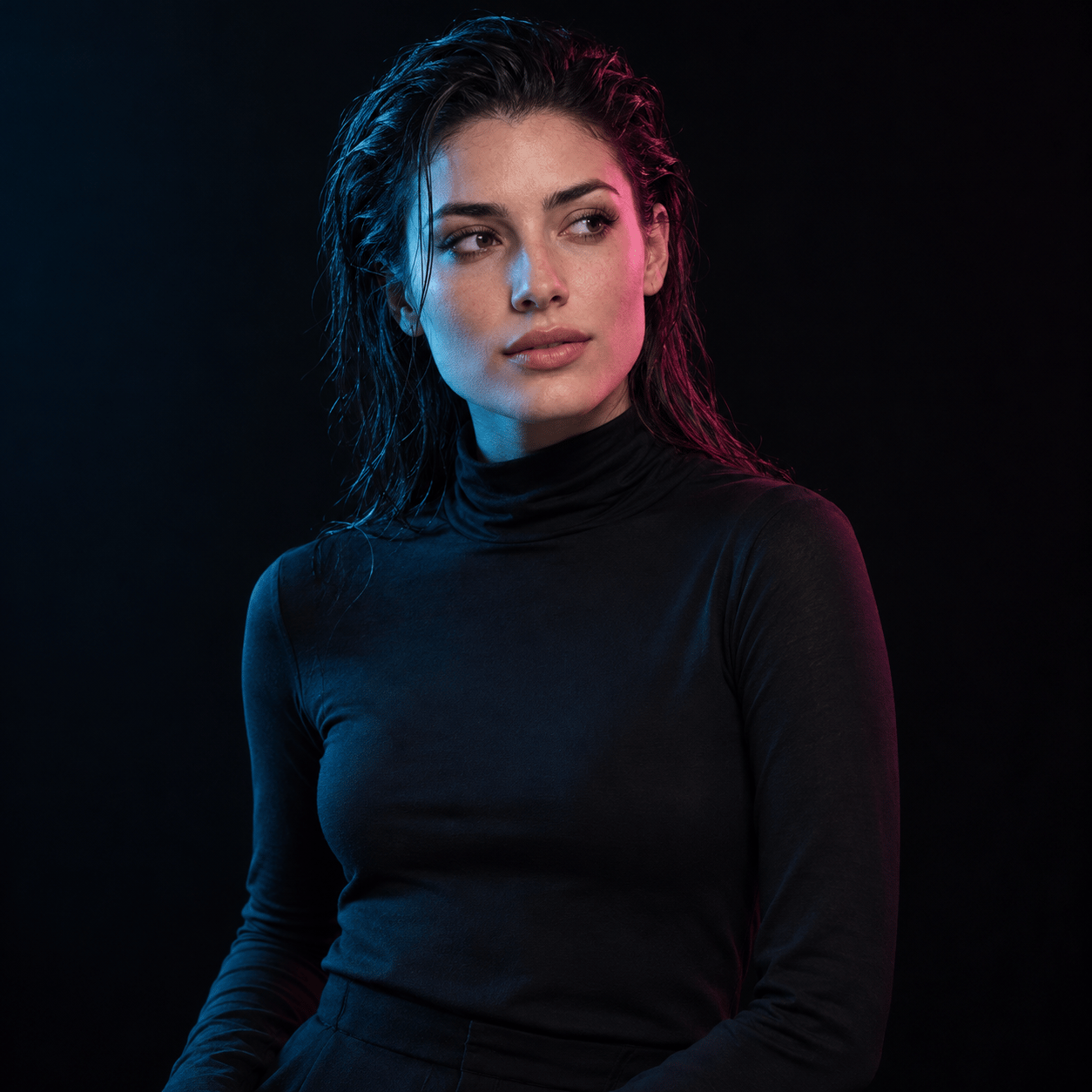 Concept portrait of an adult woman lit with cyan and rose light